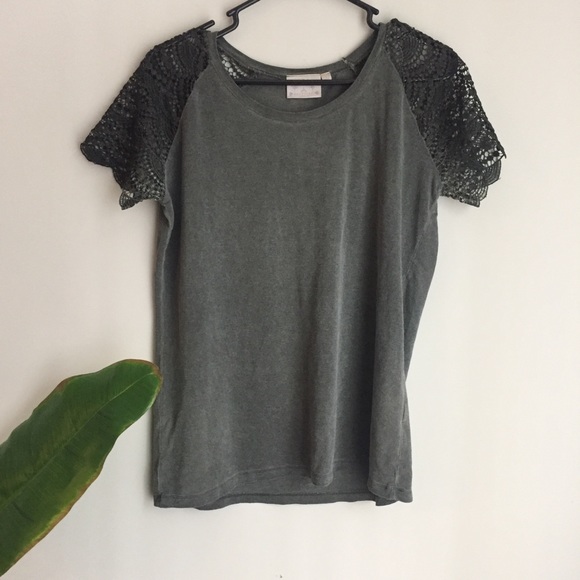Dantelle Tops - Dantelle Olive Green Lace Sleeve Tee Shirt